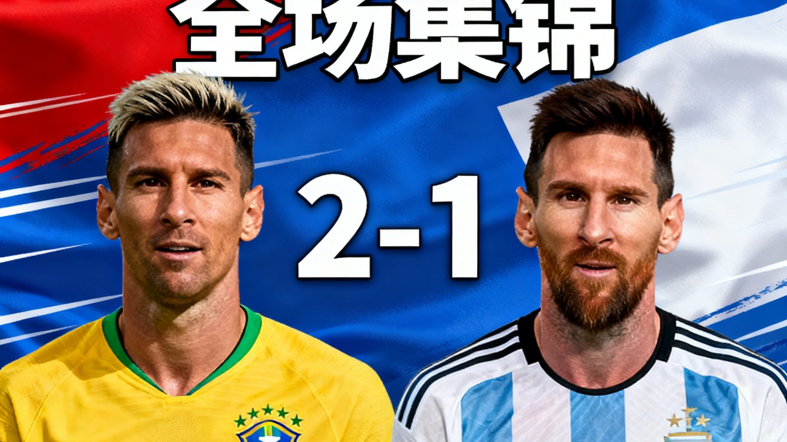 巴西vs阿根廷全场集锦封面，显示比分2-1，以及内马尔、梅西的头像